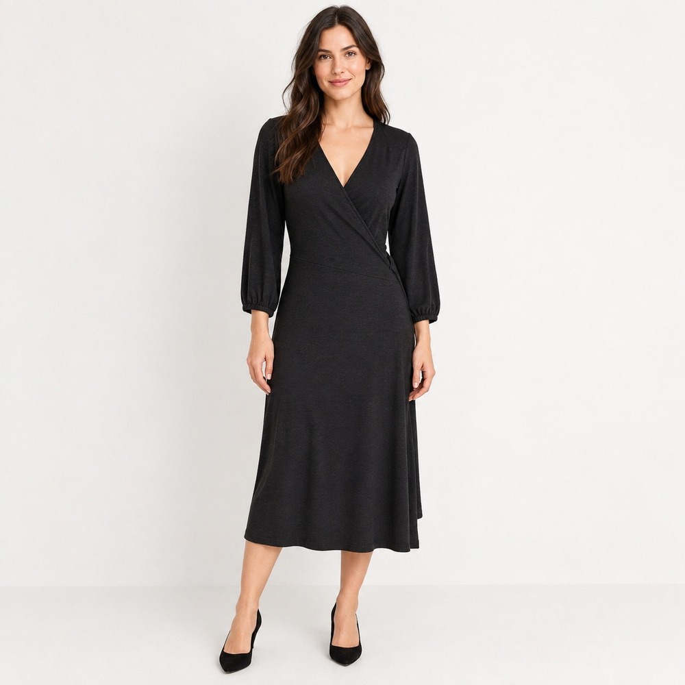 GAP Wrap Dress M Black Midi Long Sleeve V-Neck Knit Stretch Casual Classic